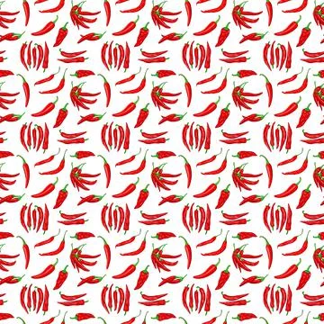 Digital illustration of a seamless pattern of red hot cayenne pepper pods on a Stock Illustration