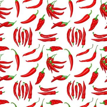 Digital illustration of a seamless pattern of red hot cayenne pepper pods on a Stock Illustration