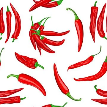 Digital illustration of a seamless pattern of red hot cayenne pepper pods on a Stock Illustration