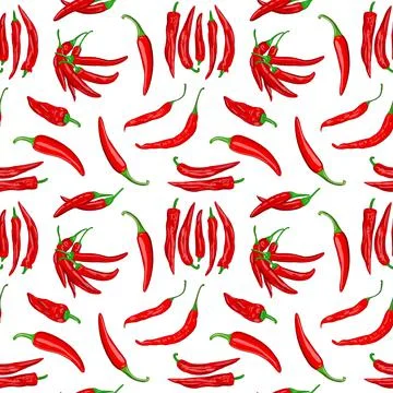 Digital illustration of a seamless pattern of red hot cayenne pepper pods on a Stock Illustration