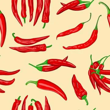 Digital illustration of a seamless pattern of red hot cayenne pepper pods on a Stock Illustration