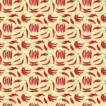 Digital illustration of a seamless pattern of red hot cayenne pepper pods on a Stock Illustration