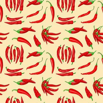 Digital illustration of a seamless pattern of red hot cayenne pepper pods on a Stock Illustration