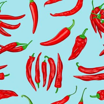 Digital illustration of a seamless pattern of red hot cayenne pepper pods on a Stock Illustration