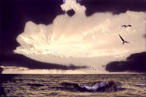 Digital illustration of seascape with clouds, wave, and birds Illustrazione stock