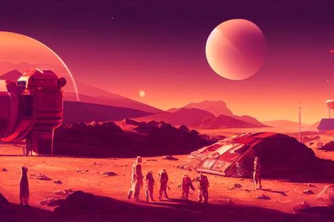 Digital illustration of the settlement of Mars. Stock Illustration