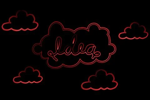 Digital illustration is showing neon-red cloud outlines on black canvas, Stock Illustration