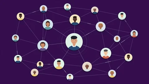 A digital illustration showing a network of interconnected people with a ce.. Stock Footage 346500481