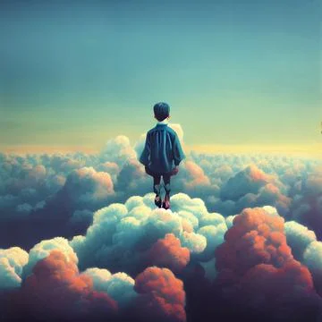 Digital illustration of a small boy standing on fluffy clouds in the sky Stock Illustration