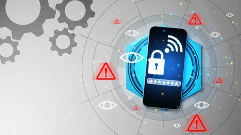 Digital illustration of a smartphone with security lock and password, surro.. Stock Photos