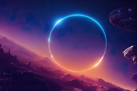 Digital illustration Space Art: Alien Planet in the with circle neon halo - A Stock Illustration