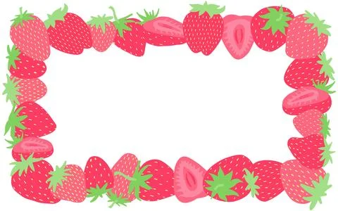 Digital illustration of a strawberry border frame with whole and sliced Stock Illustration