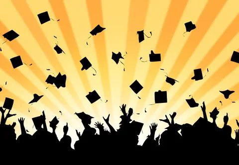 Digital illustration of students' silhouettes throwing caps against the yellow s Stock Illustration