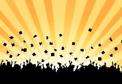 Digital illustration of students' silhouettes throwing caps against the yellow s Stock Illustration