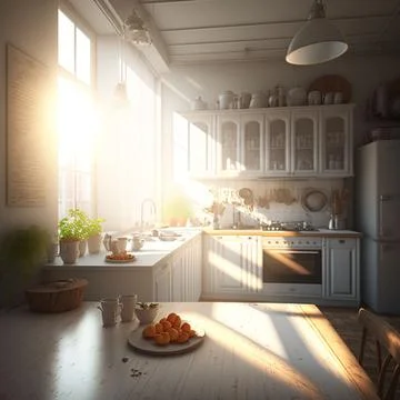 Digital illustration of the sun shining from a window in a cozy kitchen Stock Illustration
