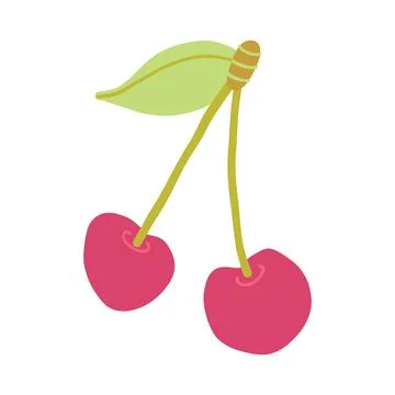 Digital illustration of two red cherries with green leaves and stems on a clean Stock Illustration