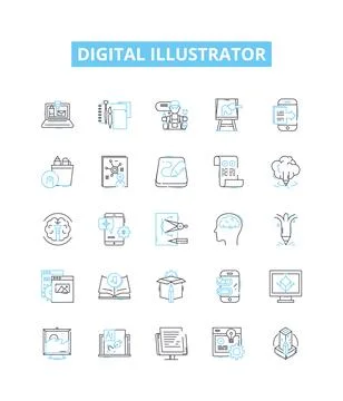 Digital illustrator vector line icons set. Digital, Illustrator, Designer 스톡 일러스트