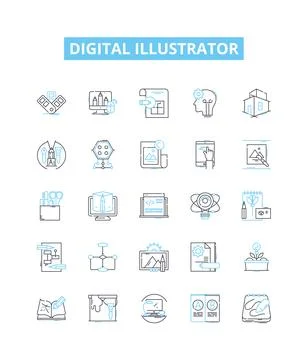 Digital illustrator vector line icons set. Digital, Illustrator, Designer 스톡 일러스트