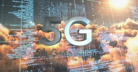 Digital image of 5g text and data processing against clouds in morning sky Foto stock