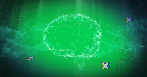 Digital image of abstract shapes over human brain spinning against green Illustrazione stock