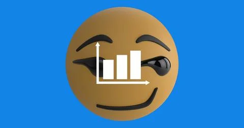 Digital image of bar graph icon over smirk face emoji against blue background 스톡 일러스트