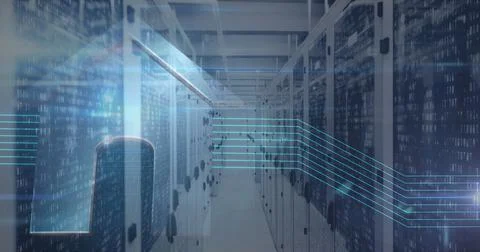 Digital image of binary coding data processing and light trails against empty Stock Photos