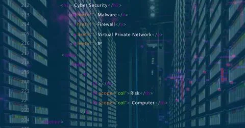Digital image of binary coding data processing over computer servers agains.. Stock Photos