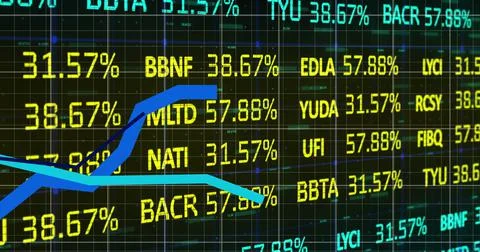 Digital image of blue graphs over stock market data processing against black Stock Illustration