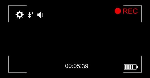 Digital image of camcorder screen on black background with recording icons and Stock Photos
