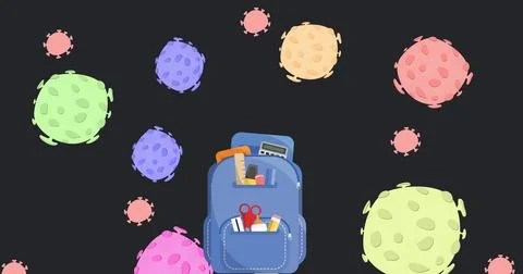 Digital image of cells floating over school concept icons against black Stock Illustration