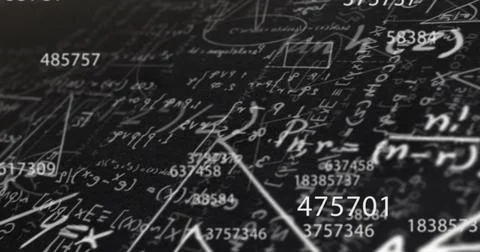 Digital image of changing numbers against mathematical equations on black Stock Illustration