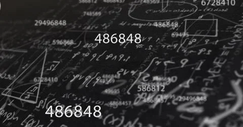 Digital image of changing numbers against mathematical equations on black Stock Illustration