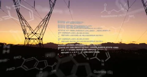 Digital image of chemical structures and program codes appearing in the screen Stock Photos