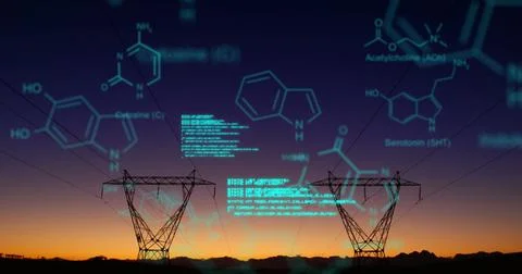 Digital image of chemical structures and program codes appearing in the screen 스톡 사진