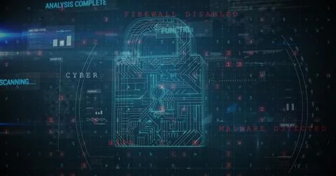 Digital image of a circuit board shaped into a padlock and codes in the Stock Photos