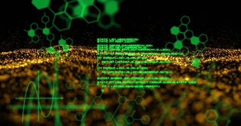 Digital image of data processing and molecular structures against golden digital Stock Illustration