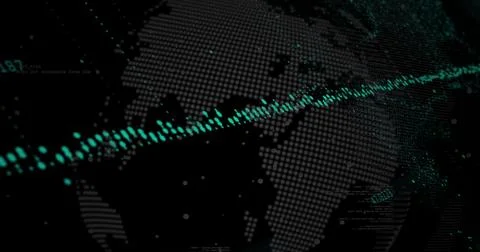 Digital image of data processing and changing numbers over spinning globe on 写真素材