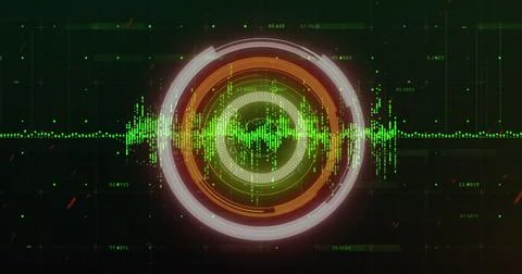 Digital image of data processing over neon round scanner against black イラスト素材