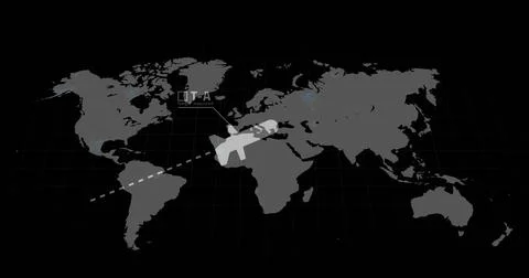 Digital image of data processing over world map against black background Foto stock