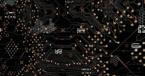 Digital image of data processing over microprocessor connections against black Foto stock