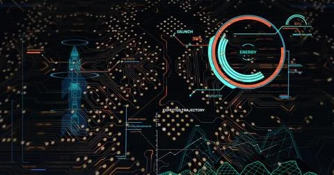 Digital image of data processing over microprocessor connections on black 스톡 사진