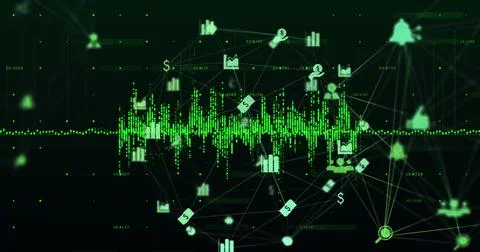 Digital image of data processing over globes of digital icons against black 스톡 사진