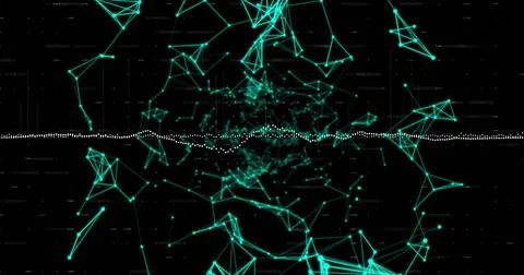 Digital image of data processing over blue neon plexus networks against black Stock Photos