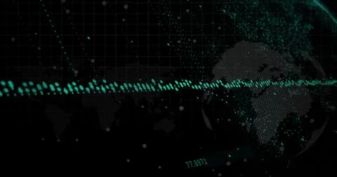 Digital image of data processing over world map and spinning globe against black Foto stock