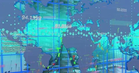 Digital image of data processing over world map against blue background Stock Photos