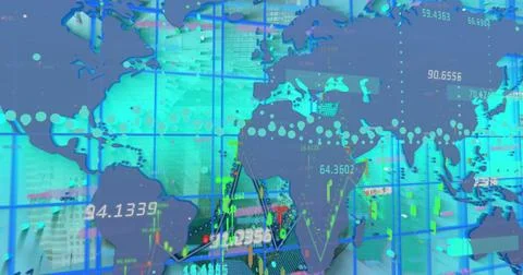 Digital image of data processing over world map against blue background Stock Photos