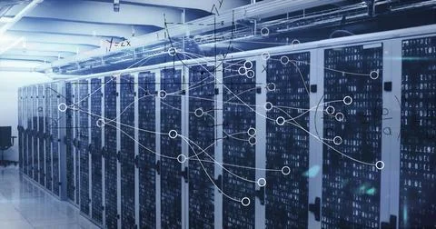 Digital image depicts math problems and data flow in a server room network Stock Photos