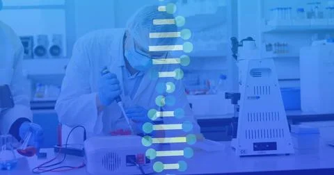 Digital image depicts scientists analyzing DNA and math for COVID-19 research. Stock Photos