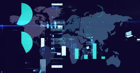 Digital image of digital interface with data processing against world map on Stock Illustration