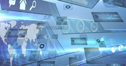 Digital image of digital interface with data processing against blue background Illustrazione stock